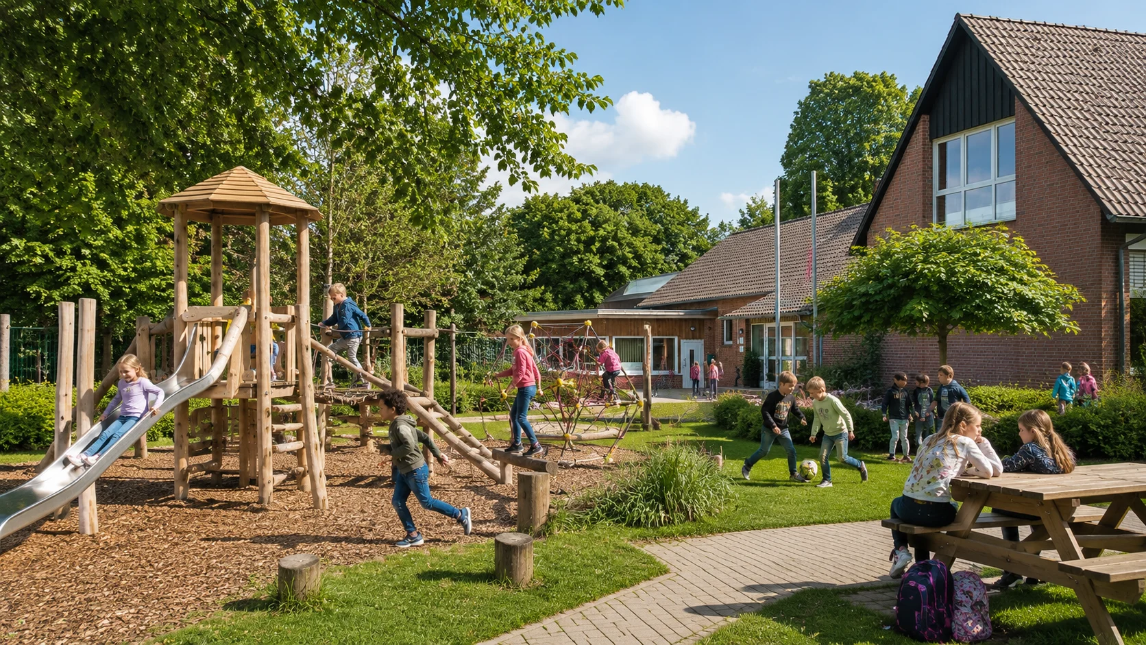 Spielplatz mit Klettergerüst und Rutsche auf dem Schulhof der Grundschule Molzen
